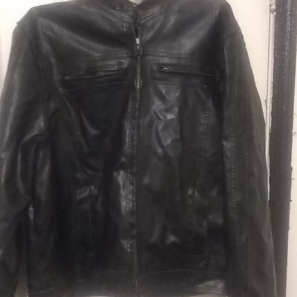 Black leather coat with hoodie - Picture 2 of 4